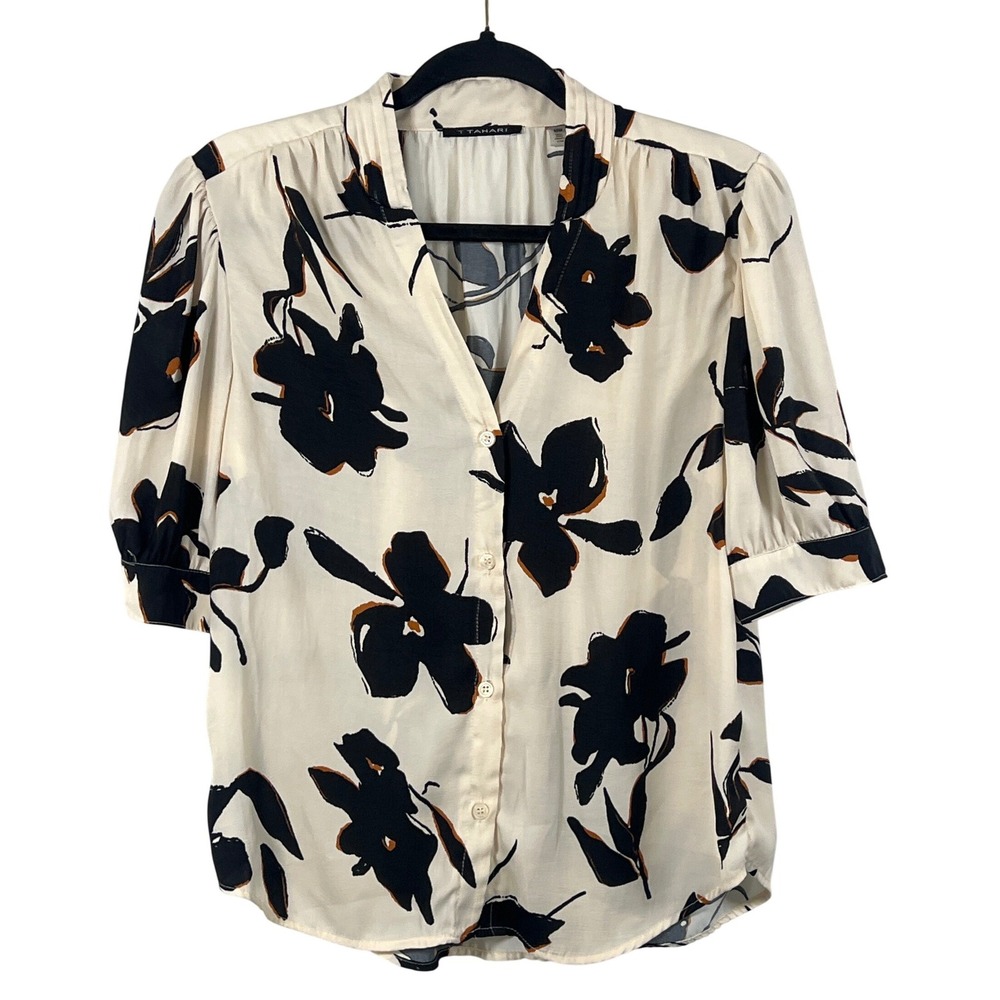 T Tahari Cream Black Floral Button Up Blouse Top Medium Preppy Beach Cottagecore